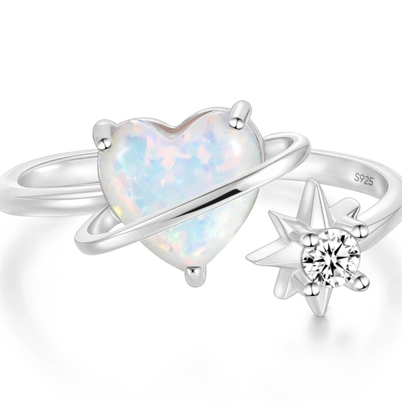925 Sterling Silver Adjustable Heart Created Opal Ring - Picture 1 of 5